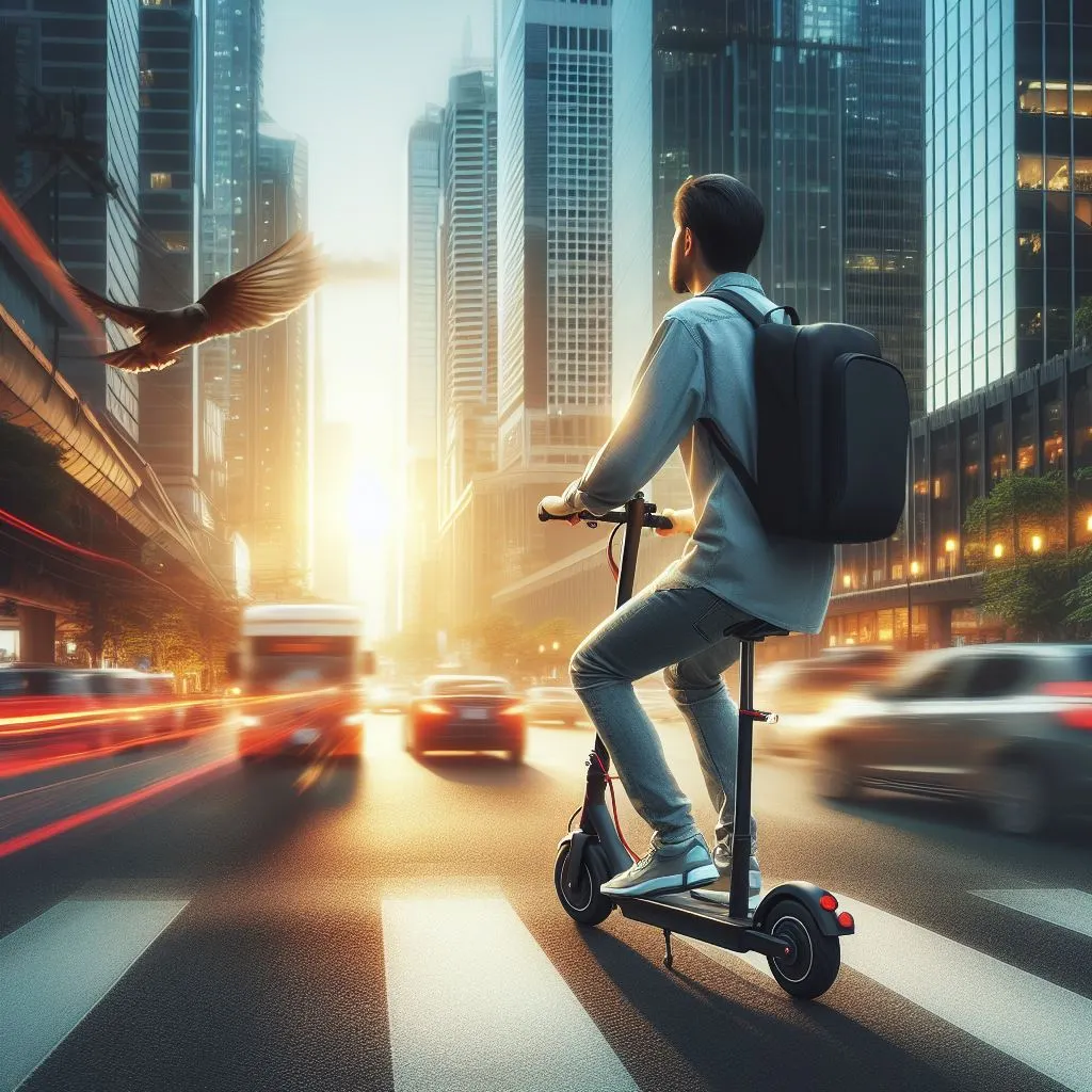 A man riding Electric scooter with seat in busy urban area.