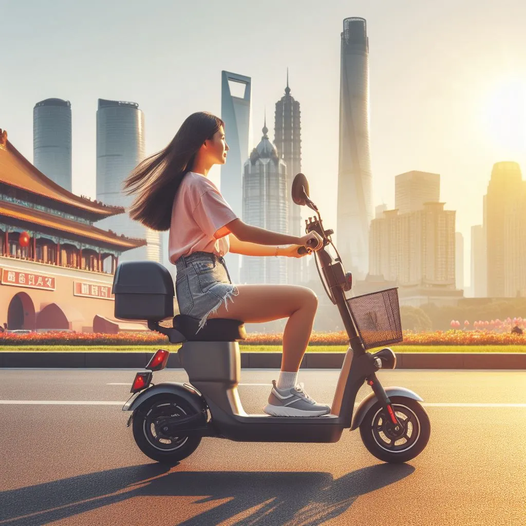 Electric scooter with seat riding by Lady