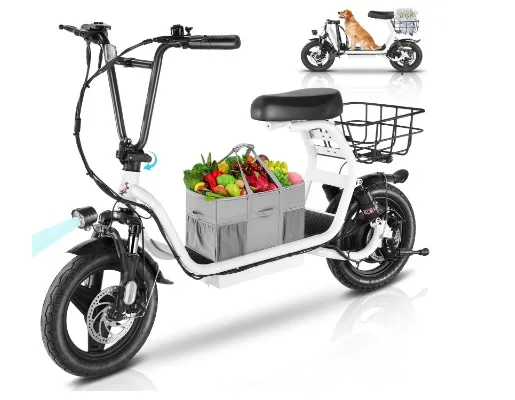 An electric scooter with seat carrying grocery basket and can also carry your lovely pet
